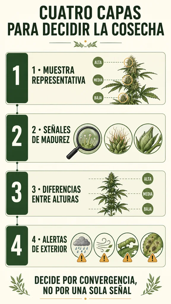 Infografía con cuatro criterios para decidir la cosecha: muestra representativa, señales de madurez, diferencias de altura y alertas de exterior. Infografía con cuatro criterios para decidir la cosecha: muestra representativa, señales de madurez, diferencias de altura y alertas de exterior.