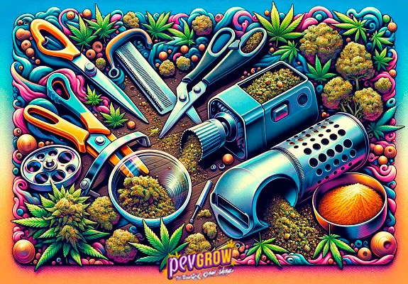 Ilustración con unas tijeras, un recipiente de cristal con cogollos desmenuzados, dos aparatos trituradores metálicos y cogollos de cannabis sobre una mesa de madera