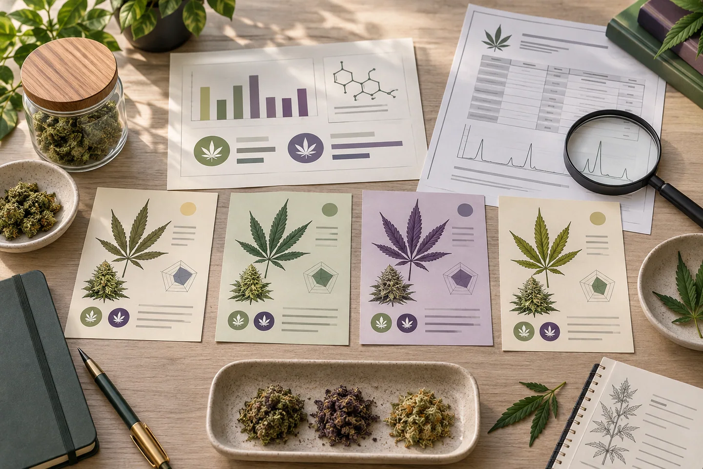 Mesa con cuatro fichas de cannabis, gráficos, una lupa y muestras de cogollos de distintos tonos en una bandeja. Mesa con cuatro fichas de cannabis, gráficos, una lupa y muestras de cogollos de distintos tonos en una bandeja.