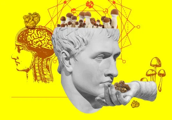 Collage sobre fondo amarillo con un busto clásico, setas sobre su cabeza y una mano con bultos marrones junto a su boca.
