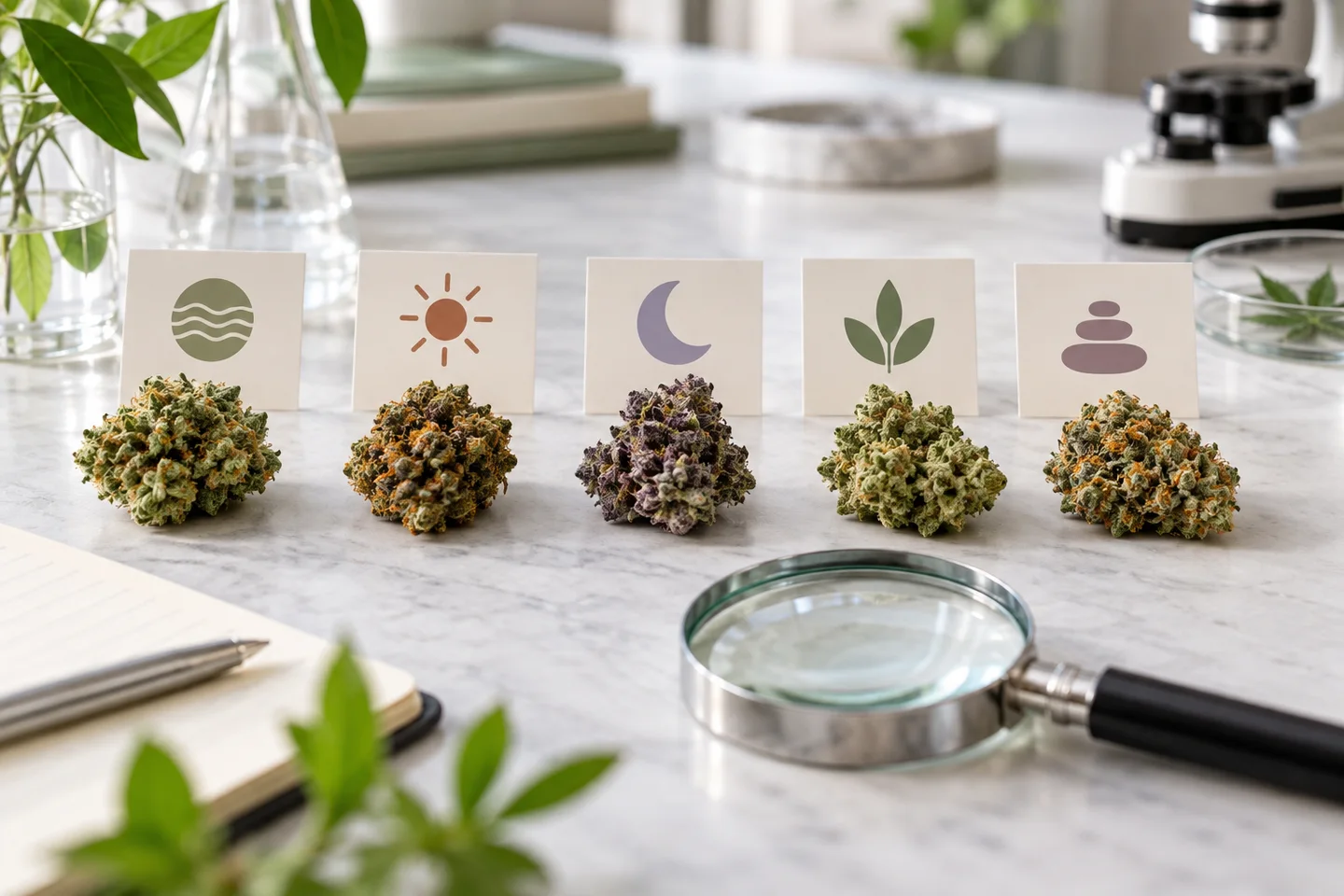 Cinco cogollos de cannabis ante tarjetas con símbolos de ondas, sol, luna, hojas y piedras; lupa y microscopio sobre la mesa.