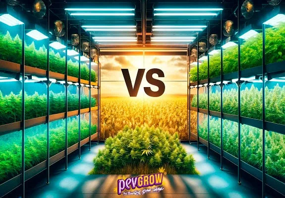 Composición comparativa con plantas de cannabis en estantes iluminados a ambos lados y un campo soleado al fondo, separados por «VS».