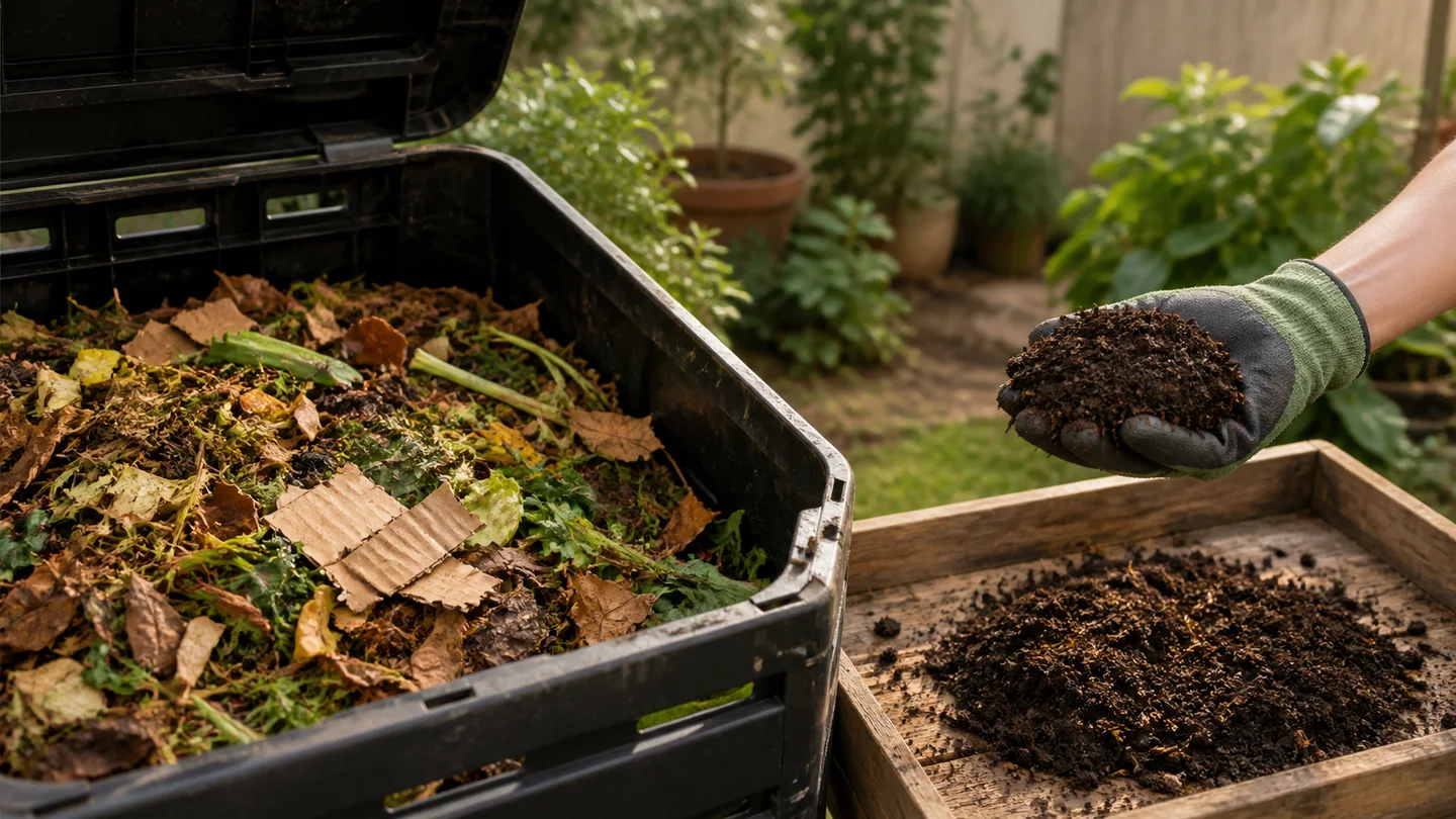 Una mano con guante sostiene compost oscuro junto a un compostador abierto con hojas, restos vegetales y cartón, y una bandeja de madera. Una mano con guante sostiene compost oscuro junto a un compostador abierto con hojas, restos vegetales y cartón, y una bandeja de madera.
