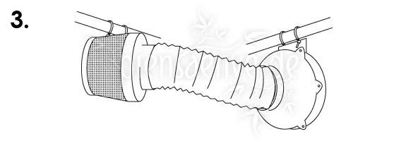 Dibujo del paso 3: un conducto flexible une un filtro cilíndrico con un extractor, ambos suspendidos mediante correas de barras superiores.