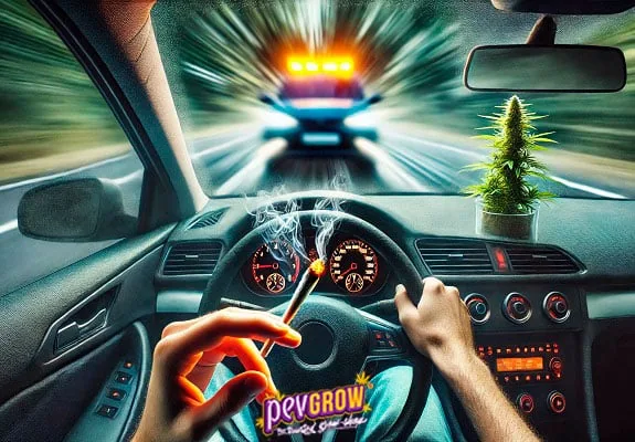 Escena desde el interior de un coche: conductor con un porro encendido, una planta en el salpicadero y un vehículo con luces delante. Escena desde el interior de un coche: conductor con un porro encendido, una planta en el salpicadero y un vehículo con luces delante.