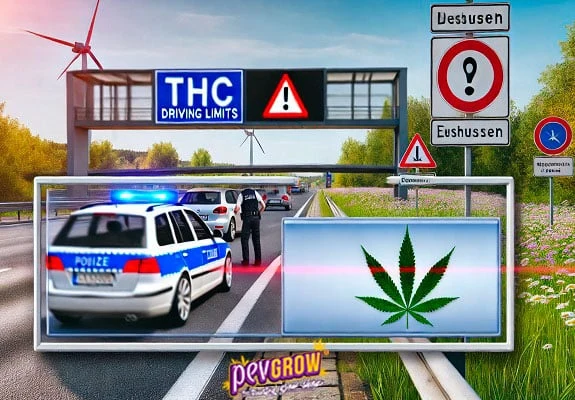 Montaje ilustrado de un control policial en carretera, con coches, un letrero «THC Driving Limits» y una hoja de cannabis en un recuadro. Montaje ilustrado de un control policial en carretera, con coches, un letrero «THC Driving Limits» y una hoja de cannabis en un recuadro.