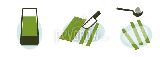 Ilustración de un molde con mezcla verde, una lámina cortada en tiras con un cuchillo y un colador sobre tres tiras.