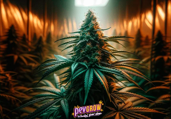 Planta de cannabis con una gran punta floral central y hojas alargadas, bajo una lámpara en un cultivo interior con iluminación anaranjada. Planta de cannabis con una gran punta floral central y hojas alargadas, bajo una lámpara en un cultivo interior con iluminación anaranjada.