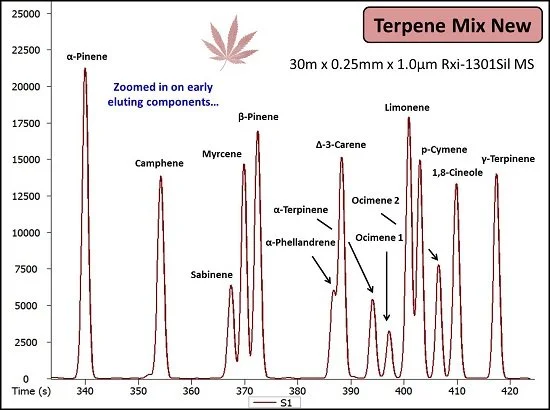 Cromatograma «Terpene Mix New» con picos granates y etiquetas de terpenos, ampliado sobre los componentes que eluyen primero. Cromatograma «Terpene Mix New» con picos granates y etiquetas de terpenos, ampliado sobre los componentes que eluyen primero.