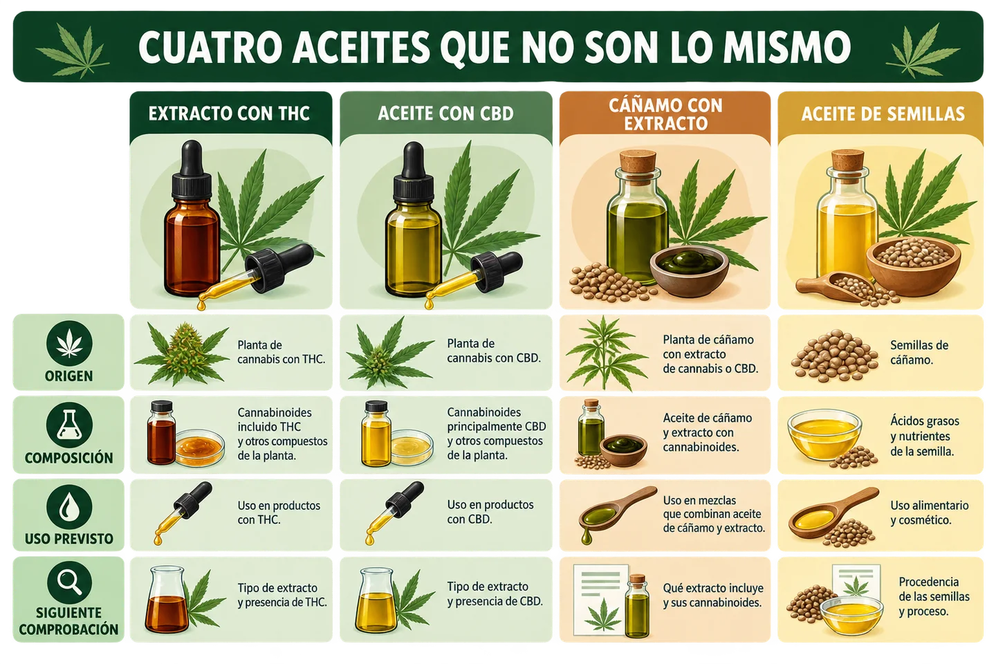 Infografía que compara extracto con THC, aceite con CBD, cáñamo con extracto y aceite de semillas por origen, composición y uso. Infografía que compara extracto con THC, aceite con CBD, cáñamo con extracto y aceite de semillas por origen, composición y uso.