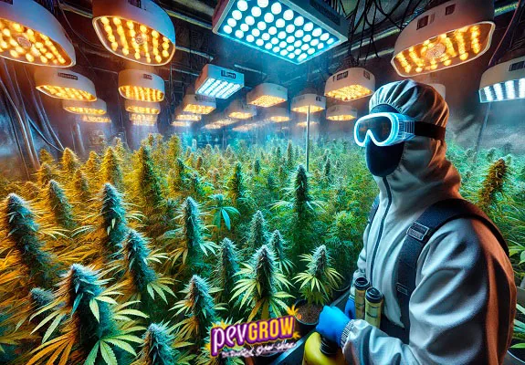 Persona con traje de protección, gafas, mascarilla y guantes entre plantas de cannabis bajo numerosas lámparas de cultivo.