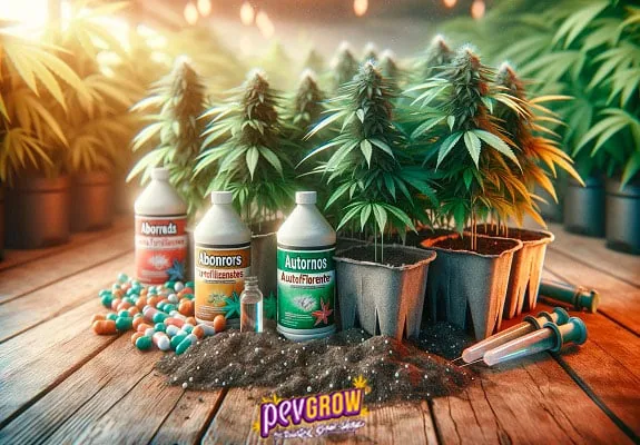 Composición con plantas de cannabis en macetas, tres botellas de fertilizante, gránulos, tierra y dosificadores sobre una mesa.