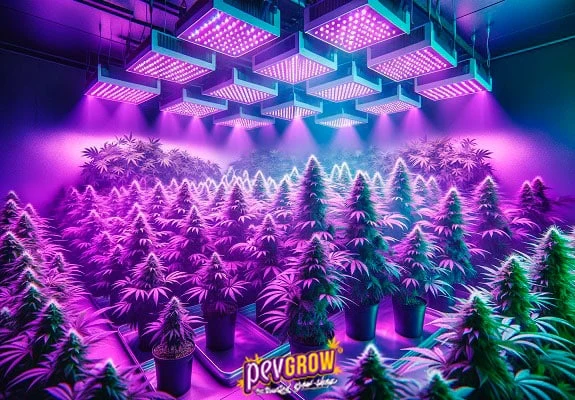 Ilustración de un cultivo interior de cannabis en macetas, con numerosos paneles LED en el techo y luces violetas y azules. Ilustración de un cultivo interior de cannabis en macetas, con numerosos paneles LED en el techo y luces violetas y azules.