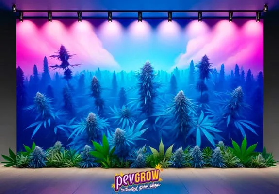 Panel decorativo con plantas de cannabis en tonos azules bajo focos rosas, rodeado de hojas verdes y con el logotipo de Pevgrow. Panel decorativo con plantas de cannabis en tonos azules bajo focos rosas, rodeado de hojas verdes y con el logotipo de Pevgrow.