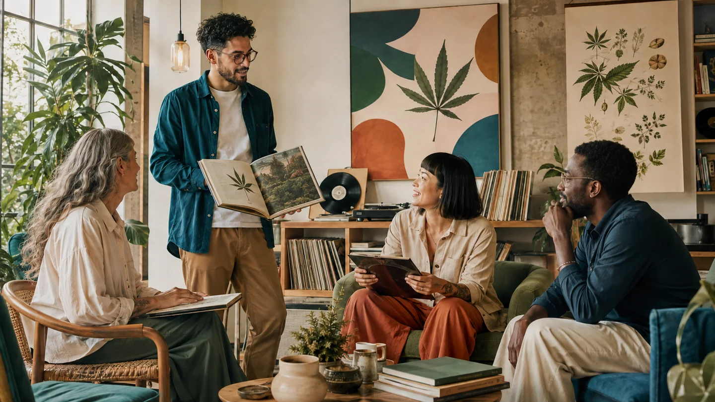Cuatro personas reunidas en un salón; una muestra un libro abierto con una hoja de cannabis y hay láminas botánicas en la pared.