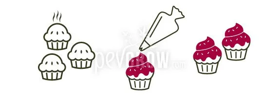 Ilustración de tres cupcakes sin cobertura, una manga pastelera decorando otro con crema rosa y dos cupcakes ya decorados. Ilustración de tres cupcakes sin cobertura, una manga pastelera decorando otro con crema rosa y dos cupcakes ya decorados.