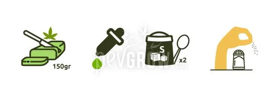 Ilustración de mantequilla verde marcada con 150 g, un cuentagotas, un recipiente con una S, una cuchara con x2 y una batidora. Ilustración de mantequilla verde marcada con 150 g, un cuentagotas, un recipiente con una S, una cuchara con x2 y una batidora.