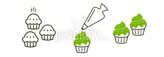 Ilustración de cupcakes sin decorar y una manga pastelera aplicando cobertura verde, junto a dos cupcakes ya cubiertos. Ilustración de cupcakes sin decorar y una manga pastelera aplicando cobertura verde, junto a dos cupcakes ya cubiertos.
