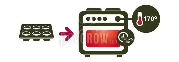 Ilustración de un molde de seis cavidades y una flecha hacia un horno con las indicaciones de 170° y entre 20 y 25 minutos. Ilustración de un molde de seis cavidades y una flecha hacia un horno con las indicaciones de 170° y entre 20 y 25 minutos.