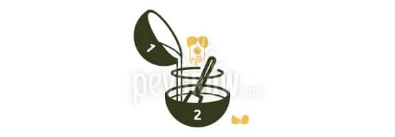 Ilustración de un bol marcado con el número 1 vertiendo su contenido en otro marcado con el 2, con huevos y un utensilio de mezcla. Ilustración de un bol marcado con el número 1 vertiendo su contenido en otro marcado con el 2, con huevos y un utensilio de mezcla.