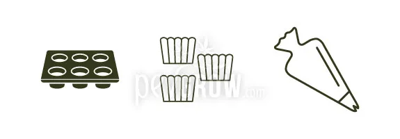 Utensilios ilustrados para cupcakes: bandeja de seis cavidades, tres cápsulas de papel y una manga pastelera con boquilla. Utensilios ilustrados para cupcakes: bandeja de seis cavidades, tres cápsulas de papel y una manga pastelera con boquilla.