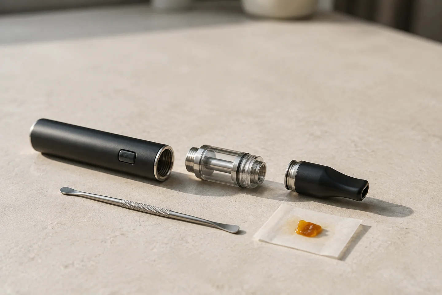 Dab pen desmontado con cuerpo negro, cámara transparente y boquilla, junto a una herramienta metálica y una porción de concentrado ámbar. Dab pen desmontado con cuerpo negro, cámara transparente y boquilla, junto a una herramienta metálica y una porción de concentrado ámbar.
