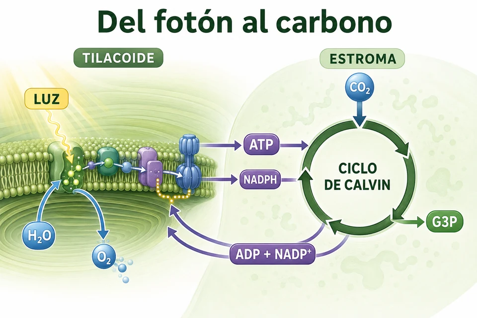 Diagrama de la fotosíntesis que conecta las reacciones del tilacoide con el ciclo de Calvin en el estroma mediante ATP y NADPH. Diagrama de la fotosíntesis que conecta las reacciones del tilacoide con el ciclo de Calvin en el estroma mediante ATP y NADPH.