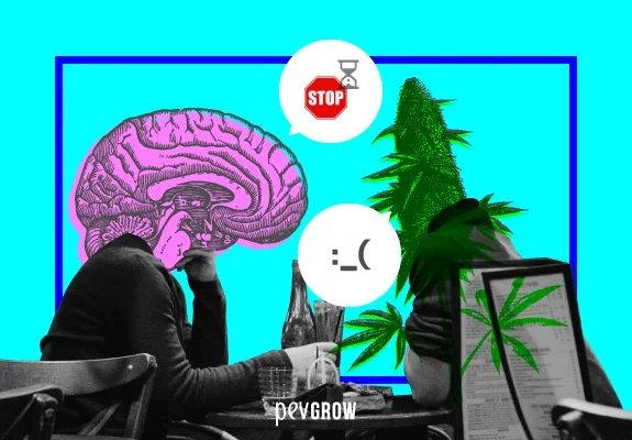 Collage con dos figuras sentadas, un cerebro ilustrado, una planta de cannabis y bocadillos con una señal de stop y una cara triste.