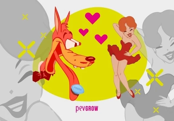 Ilustración de un lobo con la lengua fuera y una mujer con vestido rojo, rodeados de corazones sobre un fondo amarillo y gris.