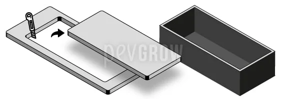 Esquema del corte de una placa rectangular para preparar la tapa de un depósito, con un cúter y una flecha.