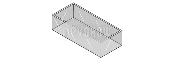 Dibujo en perspectiva de un recipiente rectangular transparente, vacío y abierto por arriba.