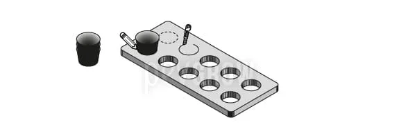 Esquema de una tapa rectangular con orificios circulares, una maceta como plantilla y herramientas para marcar y cortar.