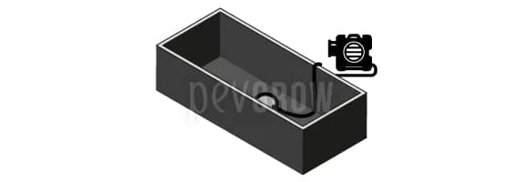Esquema de un depósito abierto con una piedra difusora en el fondo, conectada por un tubo a una bomba de aire exterior.
