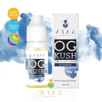 Frasco de e-liquid y caja ARAE OG Kush sobre fondo de humo azul, con distintivos que indican THC Free, Nicotine Free y CBD Full Spectrum. Frasco de e-liquid y caja ARAE OG Kush sobre fondo de humo azul, con distintivos que indican THC Free, Nicotine Free y CBD Full Spectrum.