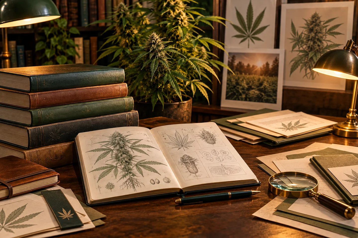Escritorio con libros apilados, un volumen abierto con dibujos de cannabis, una lupa y láminas botánicas bajo luz cálida. Escritorio con libros apilados, un volumen abierto con dibujos de cannabis, una lupa y láminas botánicas bajo luz cálida.