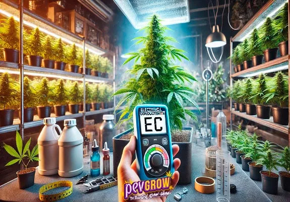 Una mano sostiene un medidor marcado «EC» ante una planta de cannabis, entre estantes de macetas y utensilios de cultivo.