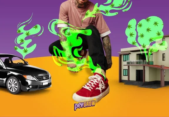 Montaje de una persona con zapatillas rojas, un coche y una casa, rodeados de volutas verdes con hojas de cannabis. Montaje de una persona con zapatillas rojas, un coche y una casa, rodeados de volutas verdes con hojas de cannabis.