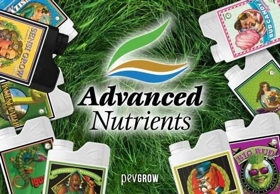 Logotipo de Advanced Nutrients en el centro, rodeado de envases de distintos productos sobre un fondo de hierba verde. Logotipo de Advanced Nutrients en el centro, rodeado de envases de distintos productos sobre un fondo de hierba verde.
