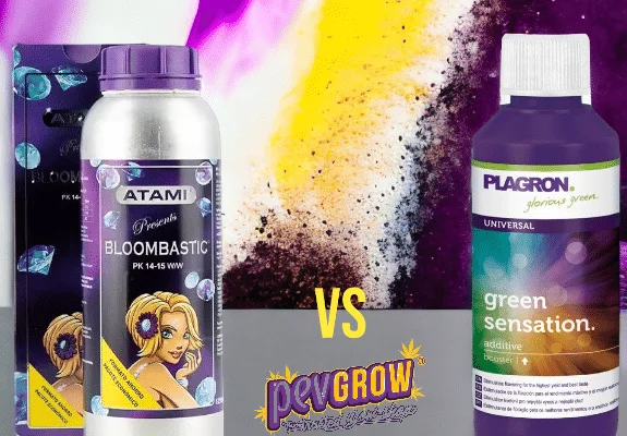 Comparativa de envases de Atami Bloombastic y Plagron Green Sensation, separados por «VS» sobre un fondo de colores. Comparativa de envases de Atami Bloombastic y Plagron Green Sensation, separados por «VS» sobre un fondo de colores.