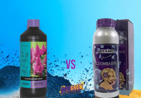 Envases de Blossom Builder Liquid de B’cuzz y Bloombastic de Atami con su caja, separados por «VS» sobre fondo azul.