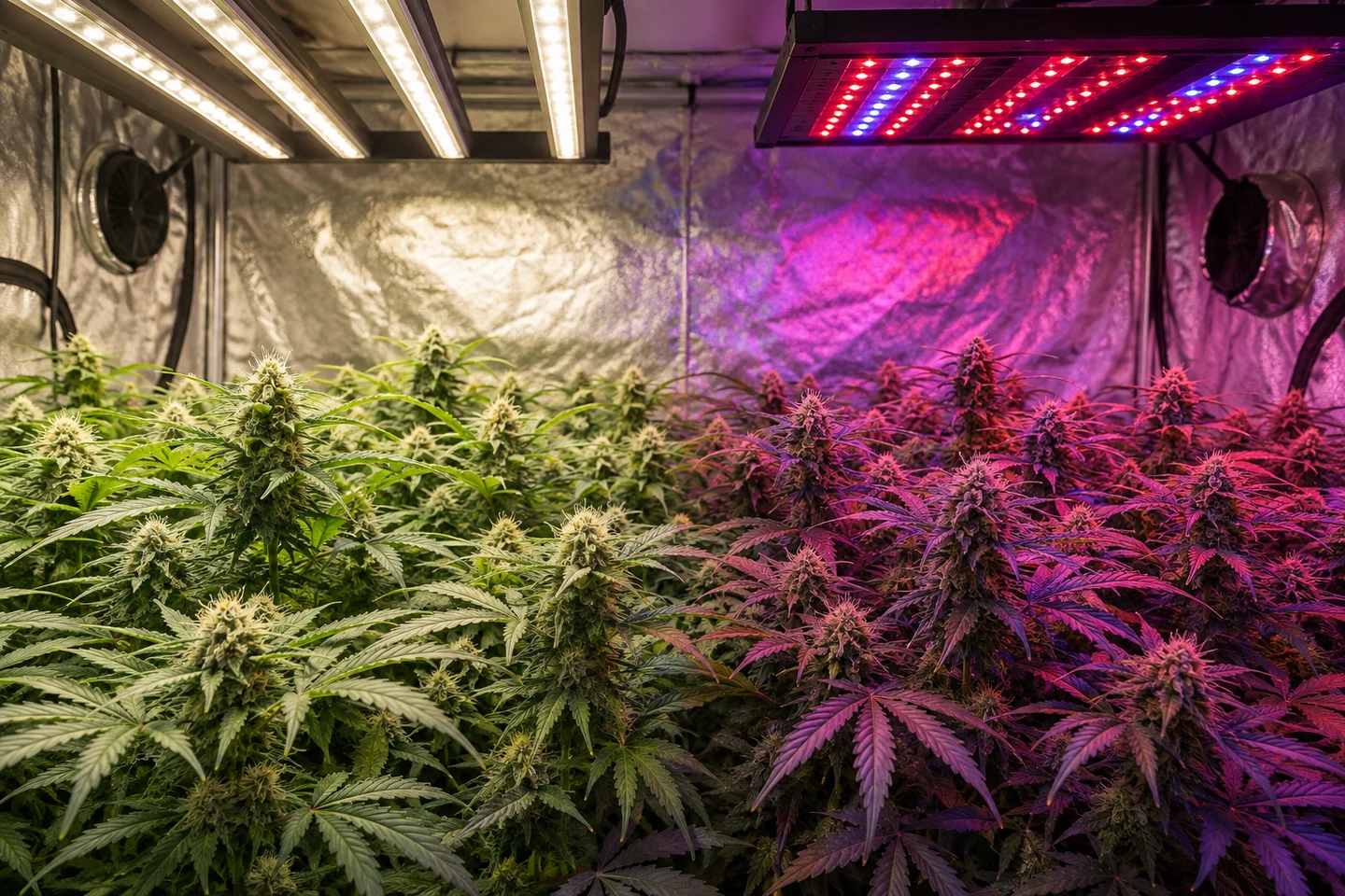 Plantas de cannabis en floración bajo dos paneles de cultivo: luz blanca a la izquierda y roja y azul a la derecha.
