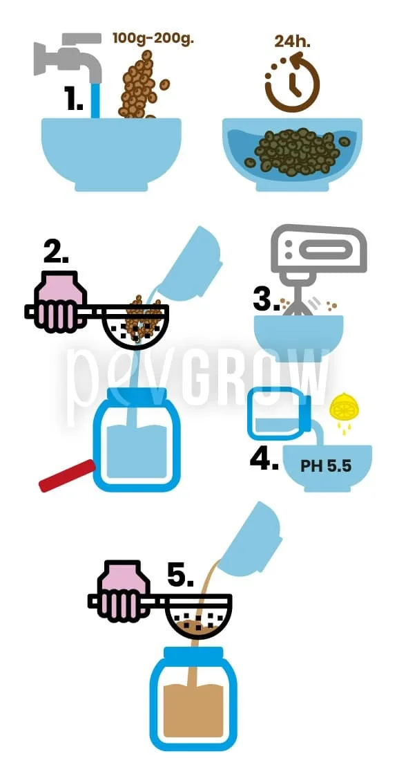Esquema de preparación con 100–200 g de lentejas, remojo de 24 horas, colado, batido, indicación de pH 5,5 y filtrado final. Esquema de preparación con 100–200 g de lentejas, remojo de 24 horas, colado, batido, indicación de pH 5,5 y filtrado final.