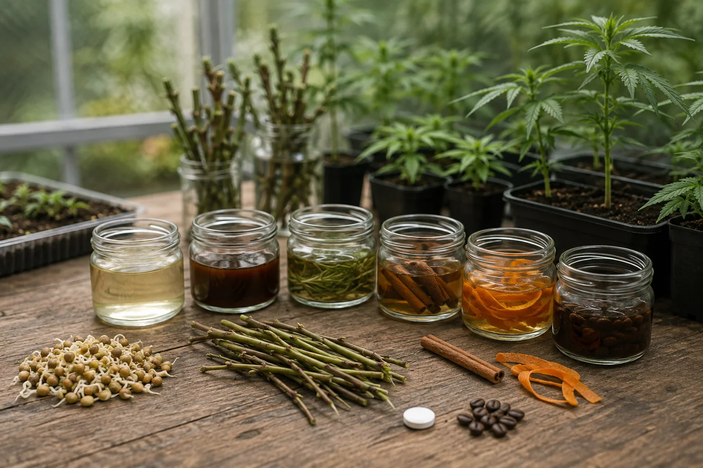 Seis tarros con líquidos y distintos ingredientes sobre una mesa, junto a flores, ramitas, canela, piel de cítrico y plantas al fondo. Seis tarros con líquidos y distintos ingredientes sobre una mesa, junto a flores, ramitas, canela, piel de cítrico y plantas al fondo.