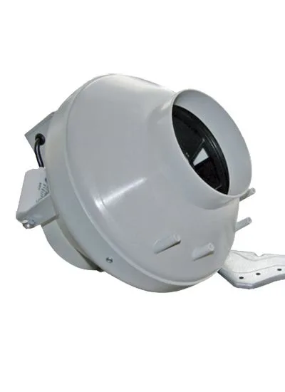 Extractor de aire de carcasa gris redondeada, con boca circular, aspas oscuras visibles y soportes de montaje, sobre fondo blanco.
