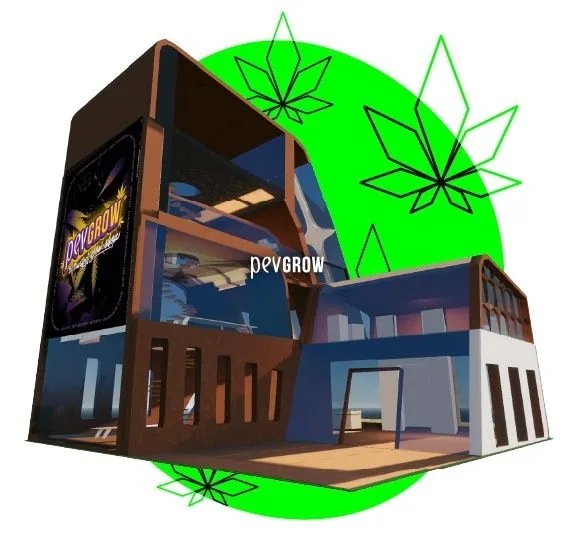 Edificio virtual de Pevgrow con grandes ventanales y entrada abierta, sobre un círculo verde con hojas de cannabis dibujadas. Edificio virtual de Pevgrow con grandes ventanales y entrada abierta, sobre un círculo verde con hojas de cannabis dibujadas.