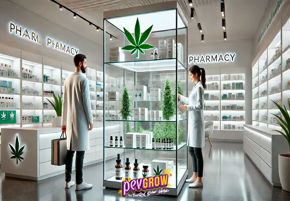 Escena de farmacia con dos personas de bata blanca y una vitrina central con plantas, envases y una hoja de cannabis.
