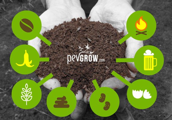 Manos sosteniendo tierra, rodeadas de iconos verdes de restos vegetales, fuego, cerveza y estiércol, con el logotipo de Pevgrow en el centro. Manos sosteniendo tierra, rodeadas de iconos verdes de restos vegetales, fuego, cerveza y estiércol, con el logotipo de Pevgrow en el centro.