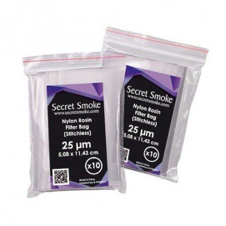Dos bolsas transparentes con cierre y etiquetas Secret Smoke de filtros de nailon para rosin de 25 micras, con diez unidades indicadas.