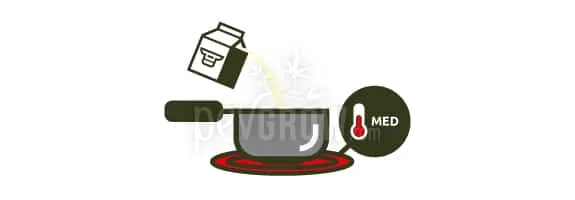 Ilustración de leche vertiéndose desde un cartón a un cazo sobre una placa roja, junto a un termómetro con el texto MED. Ilustración de leche vertiéndose desde un cartón a un cazo sobre una placa roja, junto a un termómetro con el texto MED.