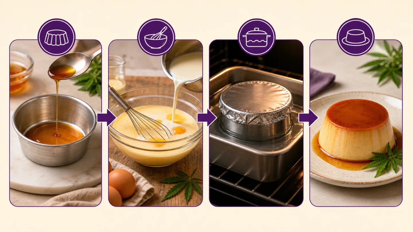Infografía en cuatro pasos: caramelo en el molde, mezcla con leche y huevos, cocción al baño maría y flan desmoldado. Infografía en cuatro pasos: caramelo en el molde, mezcla con leche y huevos, cocción al baño maría y flan desmoldado.
